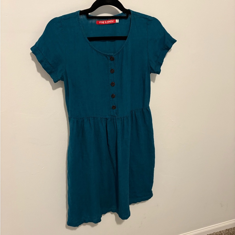 Pyne & Smith Model No. 11 Peacock Blue Linen dress- altered length